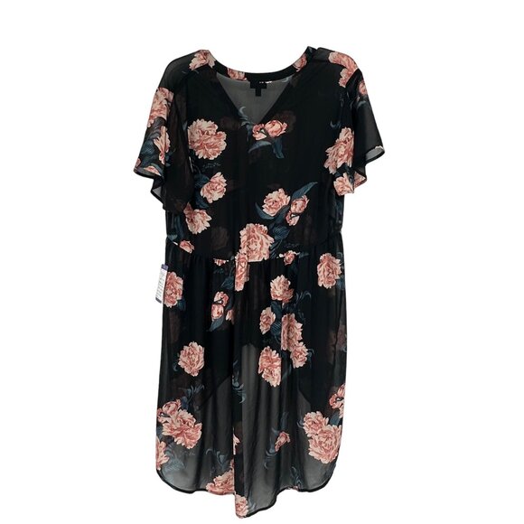 Torrid 0 Short Sleeve Button Up Sheer Tunic Top Black Floral High Low Hem Vneck - Picture 11 of 11